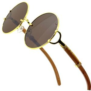 Round‎ Sunglasses Gold Frame Wood Temple Men's Fashion Statement Street Wear Rap